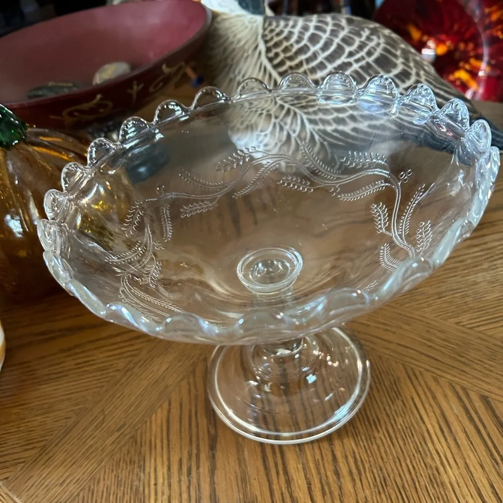 Antique Engraved Glass Footed Compote